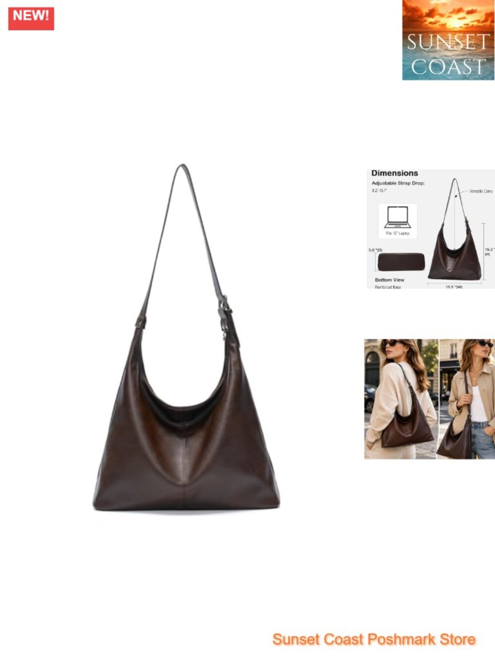 Large Vegan Leather Hobo Bag Slouchy Shoulder Purse Adjustable Work Tote